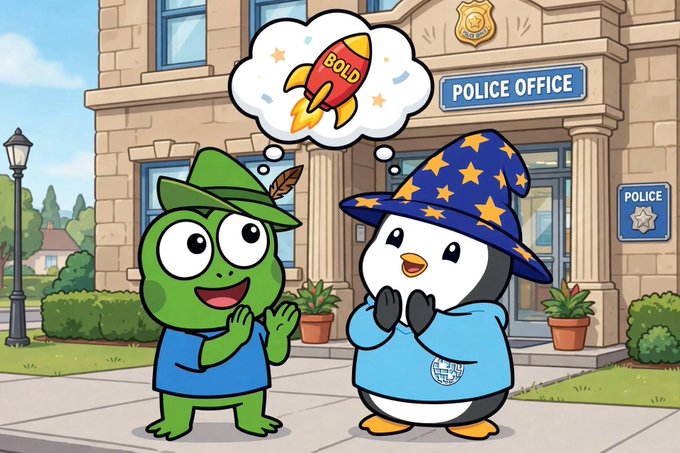 A cartoon illustration of a green frog wearing a ranger hat and a penguin wearing a blue wizard hat with yellow stars, standing in front of a 'POLICE OFFICE' building, with the penguin imagining a rocket labeled 'BOLD'.