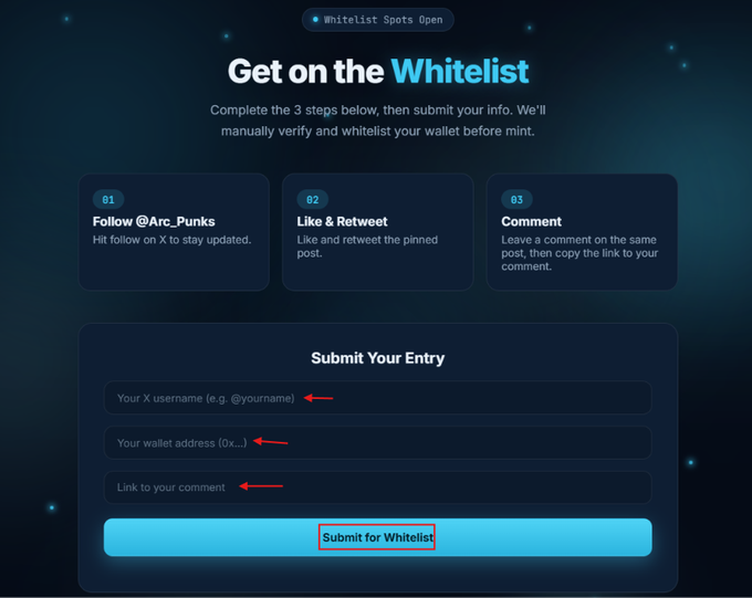 A dark-themed whitelist landing page for Arc_Punks NFT collection showing three steps (Follow @Arc_Punks, Like & Retweet, Comment) and a submission form requiring X username, EVM wallet address, and comment link, with a "Submit for Whitelist" button.