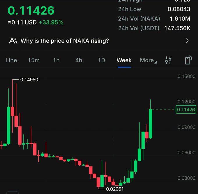 Trading chart showing NAKA token price at 0.11426 USD (+33.95%) on a weekly timeframe, with 24h high of 0.126, 24h low of 0.08043, and notable price points of 0.14950 (high) and 0.02061 (low).