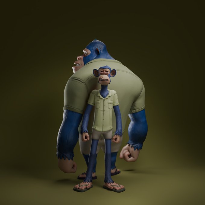 3D-rendered illustration of a large, muscular blue gorilla standing behind a slender monkey in a matching safari shirt, both wearing khaki outfits on a dark background.