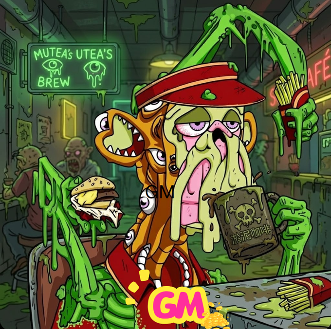 The image features a cartoon character, possibly a monster or a robot, holding a cup of coffee with a green liquid inside. The character appears to be drinking from the cup while surrounded by other characters, including a person eating a hamburger and another person holding a hot dog. The scene takes place in what seems to be an indoor setting, such as a bar or a restaurant. The image also includes text that reads "gm" and "Gm". This suggests that the image might have been created for a promotional purpose, possibly related to a product or service offered by GM.