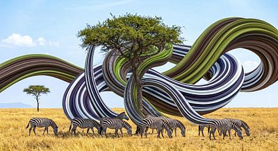 An artistic image featuring zebras grazing in a savanna, with a large acacia tree and flowing, ribbon-like patterns in the background.