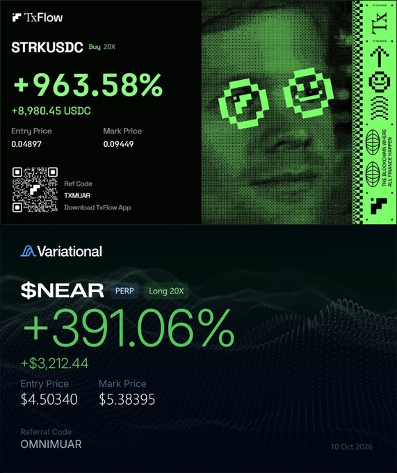 Two crypto trading dashboards: a TxFlow position showing STRKUSDC Buy 20X at +963.58% (entry 0.04897, mark 0.09649), and a Variational position showing $NEAR PERP Long 20X at +391.06% (entry $4.50340, mark $5.38395).