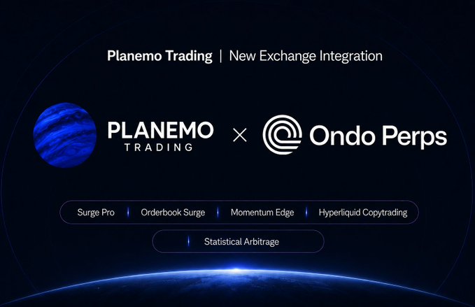 Planemo Trading announces its new exchange integration with Ondo Perps, featuring strategies like Statistical Arbitrage and Surge Pro. This graphic visually represents the partnership and highlights the new trading strategies available.