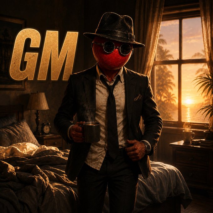An AI-generated image shows a figure in a black suit, fedora, and sunglasses with a red textured face, holding a coffee mug in a dimly lit bedroom with 'GM' text on the wall.