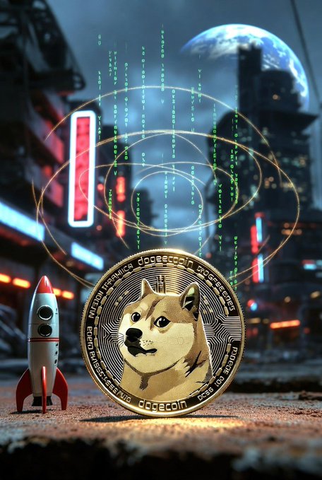 A digital artwork features a large gold Dogecoin coin featuring a Shiba Inu dog, set in a cyberpunk cityscape with a rocket and digital code streams in the background.