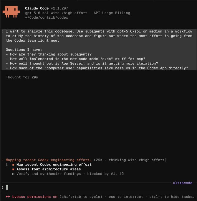 The image shows a Claude Code v2.1.207 terminal session using "gpt-5.6-sol with xhigh effort" in the Codex codebase, where the user prompts an analysis of recent Codex engineering effort focused on subagents, code mode "exec" MCP implementation, and App Server development, with subagents visibly executing tasks like "Map recent Codex engineering effort" and "Assess four architecture areas." The image captures a hands-off agentic workflow ("bypass permissions" mode active) letting AI subagents autonomously analyze a complex codebase, fitting the "Based af" caption by showcasing confidence in delegating sophisticated engineering analysis to AI agents.