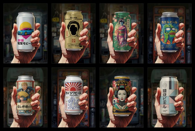 Eight hands hold various artistically designed Japanese beer cans, each featuring unique illustrations such as cars, geishas, koi fish, and traditional Japanese artwork with Japanese text.