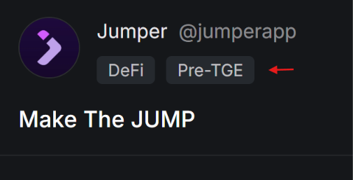 A profile header for 'Jumper @jumperapp' displaying DeFi and 'Pre-TGE' tags, with the tagline 'Make The JUMP' and a red arrow pointing to the Pre-TGE tag.