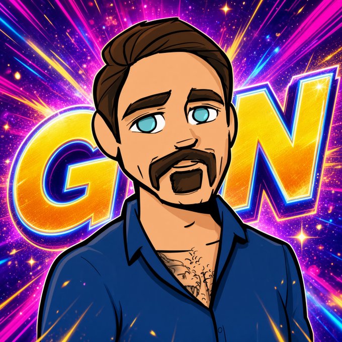A stylized digital cartoon portrait of a brown-haired man with striking blue eyes, a goatee, and an open blue shirt showing chest hair, set against a vibrant cosmic background with large yellow "GM" text.