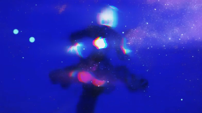 A pixelated figure with bright, glitchy light effects against a starry blue cosmic background, capturing the chaotic and deceptive nature of cryptocurrency rug pulls. The distorted, neon-lit silhouette symbolizes the volatility and shadowy dealings associated with "$Cate" coin scams and questionable altcoin promotions in the crypto space.