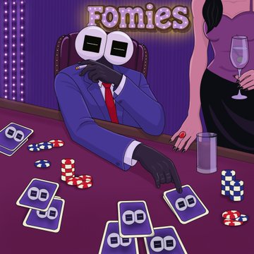 Illustration showing a faceless figure in a blue suit and red tie playing poker, with chips and cards on a green table, labeled 'Fomies' in neon letters at the top.