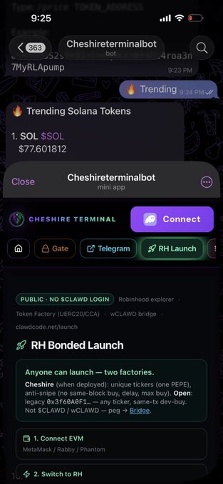A mobile screenshot of the Cheshirerterminalbot mini app showing trending Solana tokens with SOL at $77.601812 and a 'RH Bonded Launch' section with connection options for Gate, Telegram, and RH Launch.