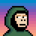 A pixel art character wearing a green hooded jacket against a sunset gradient background.