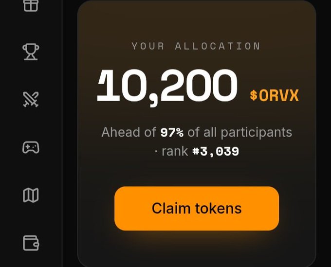 A token allocation dashboard displays an allocation of 10,200 $ORVX tokens, placing the user ahead of 97% of participants with a rank of #3,039, alongside an orange "Claim tokens" button—matching the post's claim of receiving only 10,200 tokens from @orvexhub.
