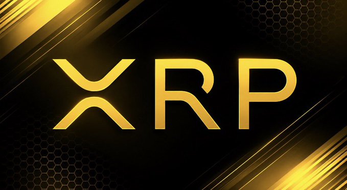 A bold graphic features the XRP cryptocurrency logo in glowing gold letters against a dark background with golden diagonal streaks and a honeycomb pattern.