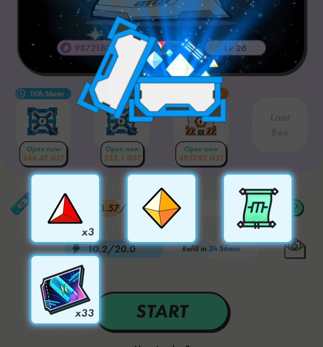 A mobile game screenshot shows a 'Loot Box' interface with various in-game items including a triangle prism, a yellow gemstone, a scroll, and cards, overlaid with a large blue notification icon.
