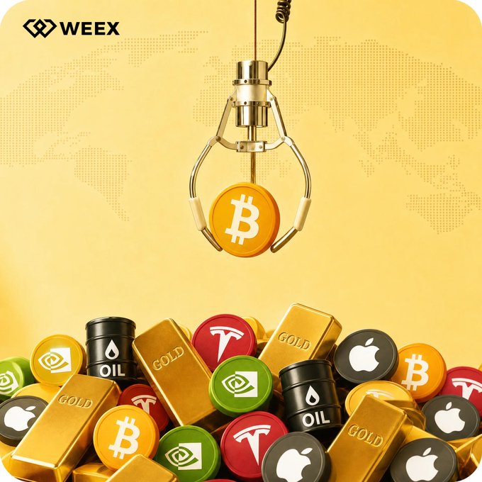 A golden robotic claw descends toward a colorful pile of tokens representing popular assets—including Bitcoin (₿), Apple, Tesla, Nvidia, oil barrels, and gold bars—all set against a yellow background with a faint world map and the "WEEX" logo. The imagery of a crane selecting from assorted investment tokens perfectly visualizes the post's prompt, "Which one stands out to you today?", inviting viewers to mentally "pick" their favored asset from the diverse trading options available on the platform.
