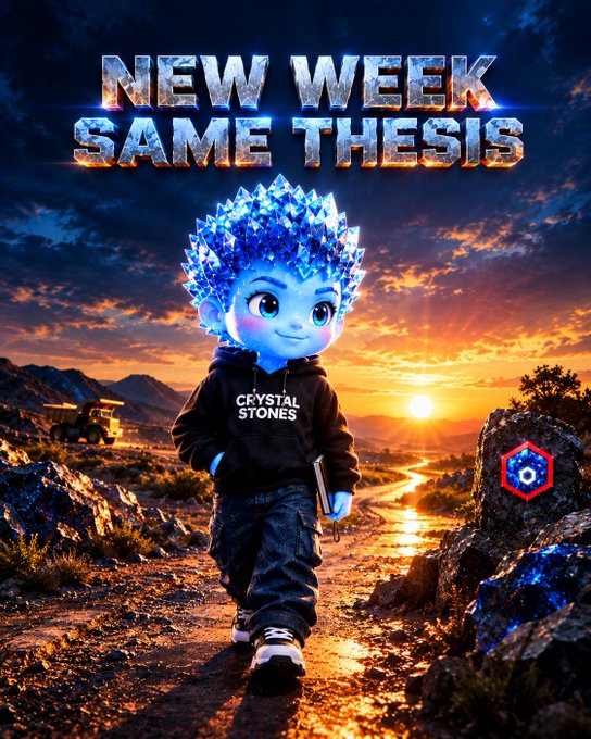 A digital artwork featuring a blue crystalline-haired character wearing a 'CRYSTAL STONES' hoodie, walking through a rocky landscape at sunset with the text 'NEW WEEK SAME THESIS'.