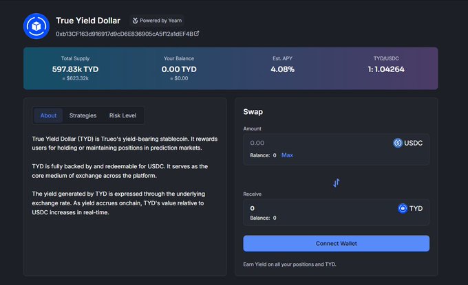 A screenshot of the True Yield Dollar (TYD) platform powered by Yearn, showing Total Supply of 597.83k TYD (~$623.32k), an estimated APY of 4.08%, and a USDC to TYD swap interface.