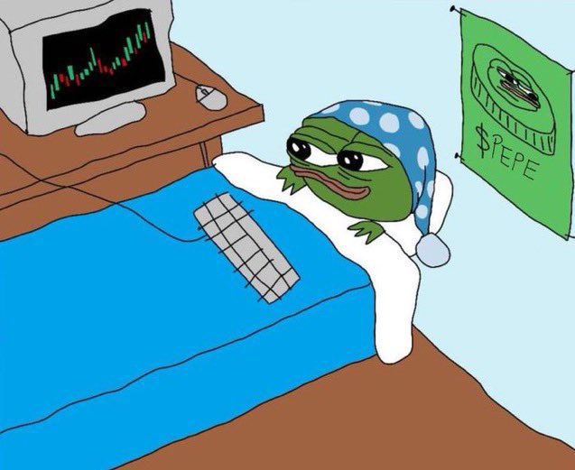 A drawing of the Pepe the Frog meme wearing a blue and white polka-dot nightcap, sitting in bed with a keyboard, looking at a computer monitor displaying a stock chart, with a green poster reading "$PEPE" on the wall.