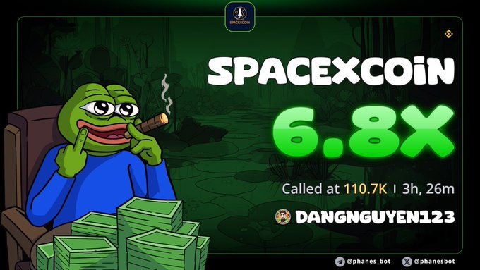 A promotional graphic for SPACEXCOIN shows the Pepe frog character smoking a cigar next to stacks of cash, with the text '6.8X Called at 110.7K | 3h, 26m' and credits '@phanes.bot' on Telegram and X.