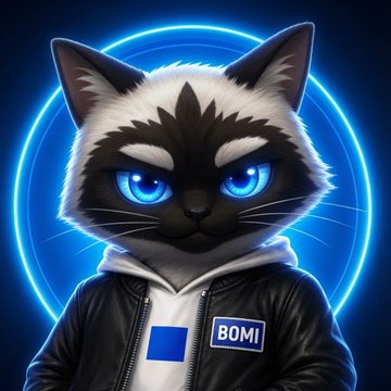 An anthropomorphic Siamese cat with striking blue eyes wears a black jacket and hoodie, featuring a "BOMI" patch on the chest, set against a glowing blue circular backdrop. The image relates to the post by personifying the BOMI token as a stylish, tech-savvy cat character, visually representing the charitable crypto project.