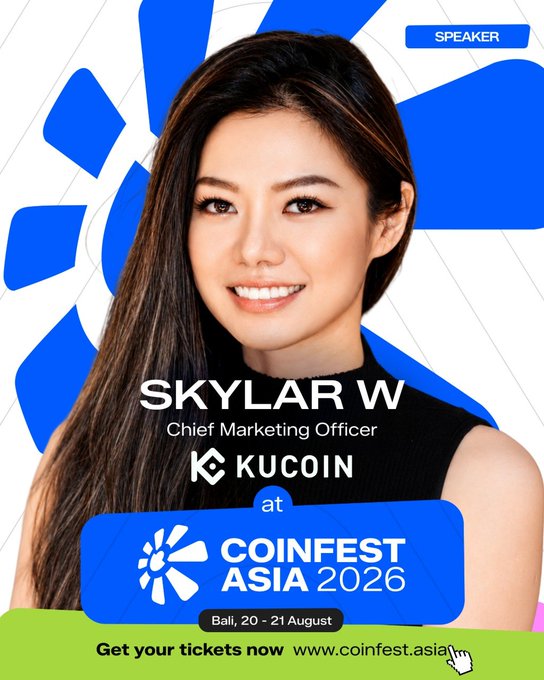 A promotional poster features Skylar W, Chief Marketing Officer of Kuoin, as a speaker at Coinfest Asia 2026 in Bali on 20-21 August, with 'Get your tickets now www.coinfest.asia' displayed.