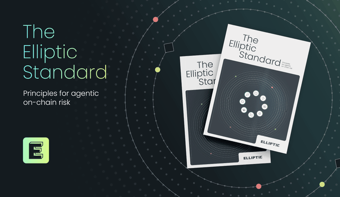 A dark promotional graphic for 'The Elliptic Standard' titled 'Principles for agentic on-chain risk,' featuring images of two booklets and the green Elliptic 'E' logo.