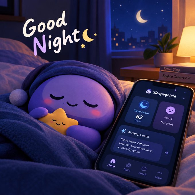 A cute purple Sleepagotchi plushie sleeps beside a phone displaying the Sleepagotchi app interface, which shows a Sleep Score of 82 and a Mood reading of "Not great," set against a cozy bedroom backdrop with "Good Night" written above. The image illustrates the nightly ritual described in the post, where the user completes mood checks and daily quests to earn Sleep Points that count toward the $CHI airdrop.