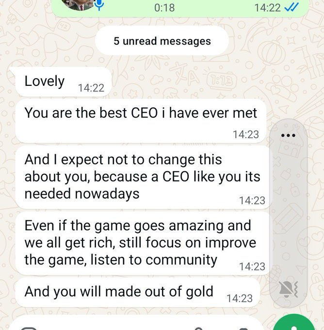 A WhatsApp message thread shows a contact named 'Lovely' writing multiple messages praising the recipient as 'the best CEO' and advising them to focus on improving the game and listening to the community to succeed.