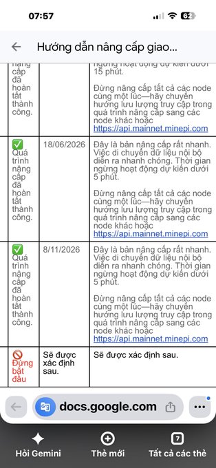 A Vietnamese-language webpage from docs.google.com displaying a guide ('Hướng dẫn nâng cấp') with a table of release dates and notes containing links to api.mainnet.minepi.com.