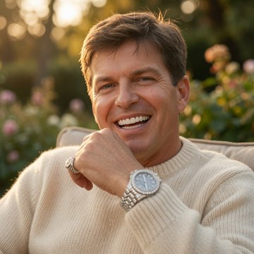 A smiling middle-aged man with brown hair wearing a cream-colored knit sweater and a silver watch, seated outdoors with blurred pink flowers in the background.