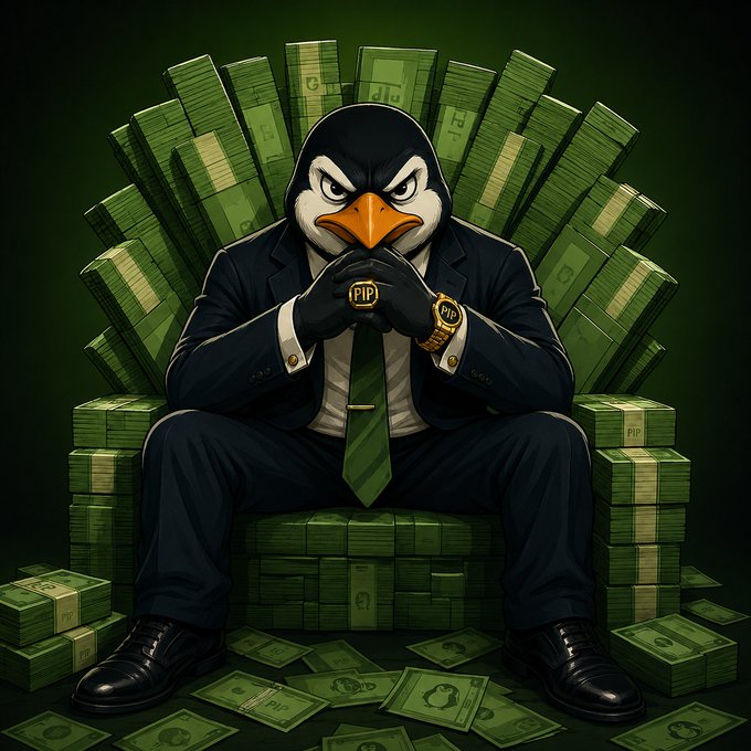 An anthropomorphic penguin in a sleek black suit and green tie sits on a throne of cash with hands clasped, wearing gold "PIP" rings and watch, surrounded by stacks and scattered bills labeled "PIP" against a dark green backdrop—evoking the "Built different. Sitting on millions" caption by portraying a wealthy, confident memecoin mascot luxuriating in his crypto fortune.