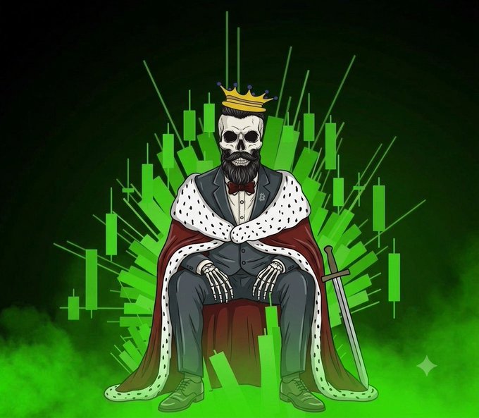 An illustration of a skeleton king with a beard, wearing a crown, suit, and ermine-trimmed robe, sitting on a throne with a sword, surrounded by green candlestick charts.