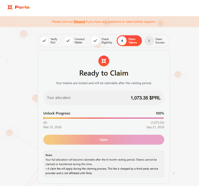 A Perle token claiming page showing 'Ready to Claim' status with allocation of 1,073.35 $PRL at 100% unlock progress.