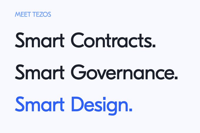 The image shows the text "MEET TEZOS" and lists "Smart Contracts," "Smart Governance," and "Smart Design," directly illustrating the concepts mentioned in the accompanying post about Tezos's smart contract capabilities and evolved technology.