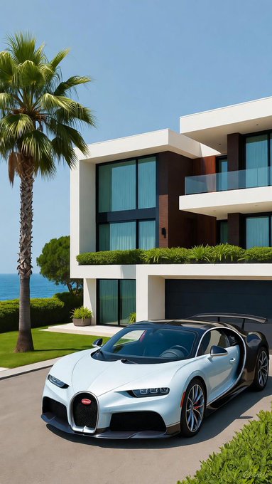 A white Bugatti Chiron supercar parked in the driveway of a modern luxury oceanfront villa with palm trees and a sea view.