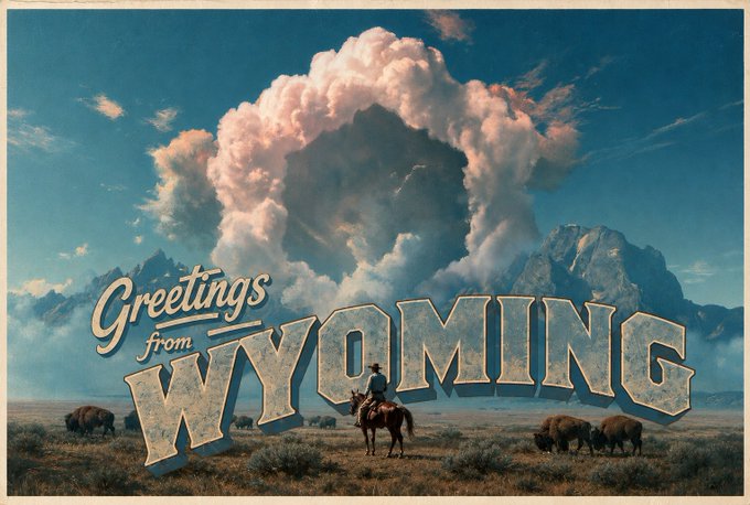 A vintage-style postcard landscape featuring a cowboy on horseback in the foreground and bison grazing on the plains, set against a dramatic tower of cumulus clouds and the rugged peaks of the Grand Tetons, with stylized lettering reading "Greetings from WYOMING" — tying into Wyoming's Frontier Stablecoin (FRNT) launch as a frontier-finance milestone for the state.