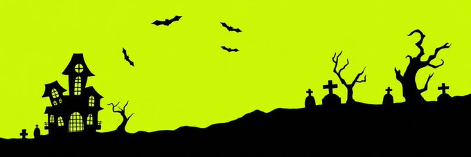 A Halloween-themed silhouette illustration showing a haunted house, bare trees, gravestones, and bats against a yellow-green sky.