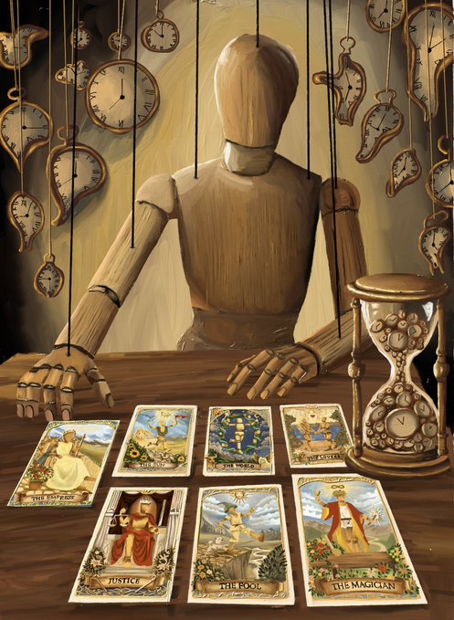 Surreal artwork depicting a wooden mannequin sitting at a desk surrounded by melting clocks reminiscent of Salvador Dalí, its hands resting near a spread of tarot cards including The Fool, Justice, and The Magician, alongside a large hourglass.
