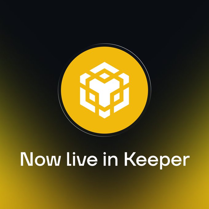 The graphic displays BNB Chain's logo—a white hexagonal emblem on a yellow circular background—set against a dark backdrop, with the text "Now live in Keeper" underneath. It visually reinforces the announcement that BNB Chain integration has officially gone live on Keeper Wallet.