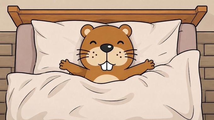 A cheerful cartoon illustration of a brown beaver with prominent buck teeth lying in a wooden bed, smiling happily under a cream-colored blanket with arms stretched out.