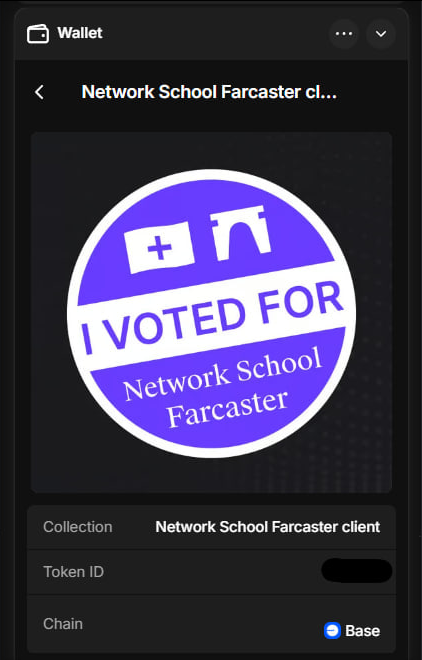 The image shows a digital wallet interface displaying a purple "I VOTED FOR Network School Farcaster" NFT badge from the "Network School Farcaster client" collection on the Base blockchain, related to the Turkish post announcing that Network School (founded by Balaji Srinivasan) has acquired the Farcaster project.