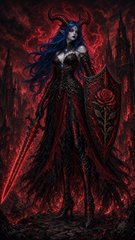 A dark fantasy illustration of a horned woman with flowing blue hair, wearing an ornate black gown and holding a sword and shield against a fiery red backdrop.