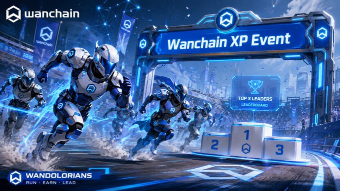 A promotional graphic for the 'Wanchain XP Event' showing futuristic armored warriors running through a stadium, with a podium labeled 'TOP 3 LEADERS LEADERBOARD' and the tagline 'WANDOLORIANS - RUN . EARN . LEAD'.