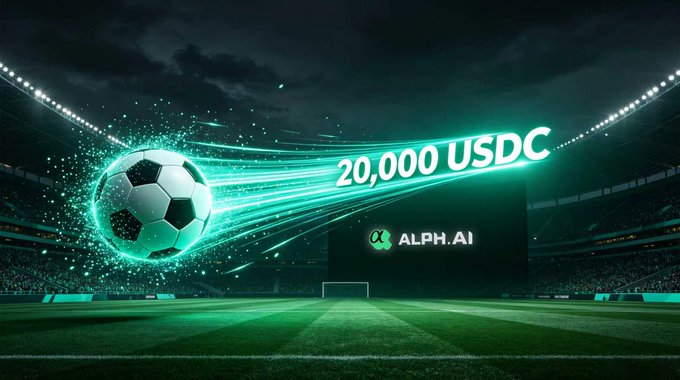 A glowing soccer ball streaks across a dark stadium toward a goal, trailing green light with the text '20,000 USDC' and a logo reading 'α ALPH.AI'.