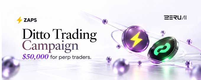 A promotional banner for the 'Ditto Trading Campaign' by ZAPS and ZERU AI, offering '$50,000 for perp traders', decorated with purple metallic spheres and chain link graphics.