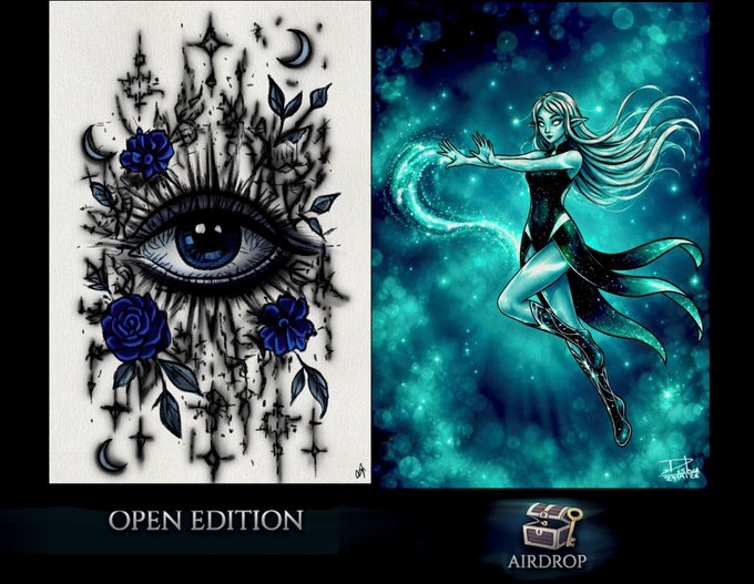 An artwork display showing a mystical eye tattoo design on the left and a teal-haired mermaid-like figure on the right, labeled 'OPEN EDITION' and 'LEGENDZ AIRDROP'.
