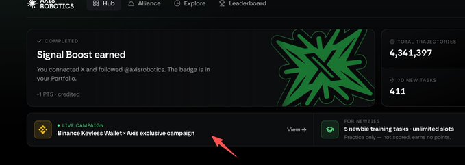 The image shows a screenshot from the Axis Robotics platform displaying a completed "Signal Boost earned" notification (+1 PTS) for following @axisrobotics, with 4,341,397 total trajectories and 411 new 7D tasks recorded. A red arrow highlights the "Binance Keyless Wallet - Axis exclusive campaign" live campaign banner, visually connecting to the Binance partnership mentioned in the accompanying post about a Binance Wallet collaboration offering guaranteed Alpha airdrops worth 50U+.
